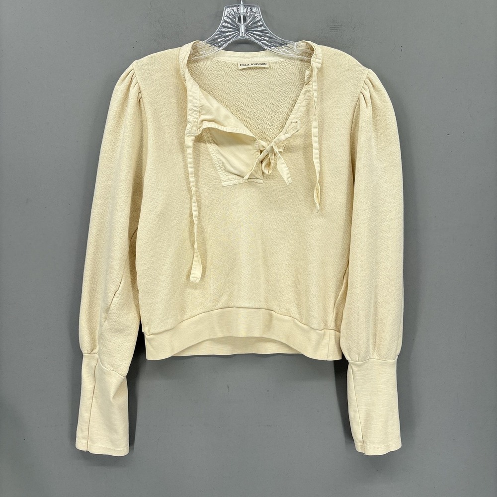 Ulla Johnson Sweater XS P‎ Cotton V Neck Tie Ruffle Puff Sleeve Alba Pullover - Picture 2 of 16